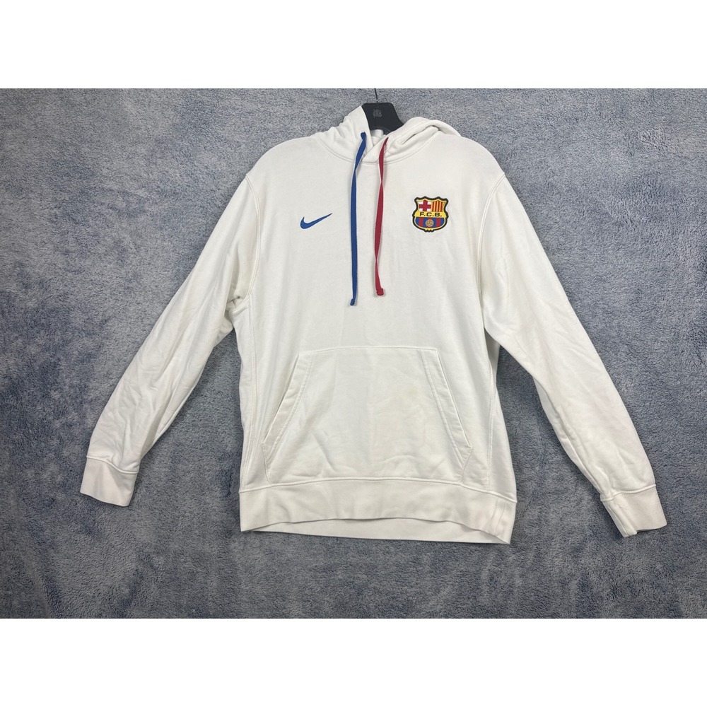 Nike Mens M White FC Barcelona Pullover Hoodie Soccer FCB Crest